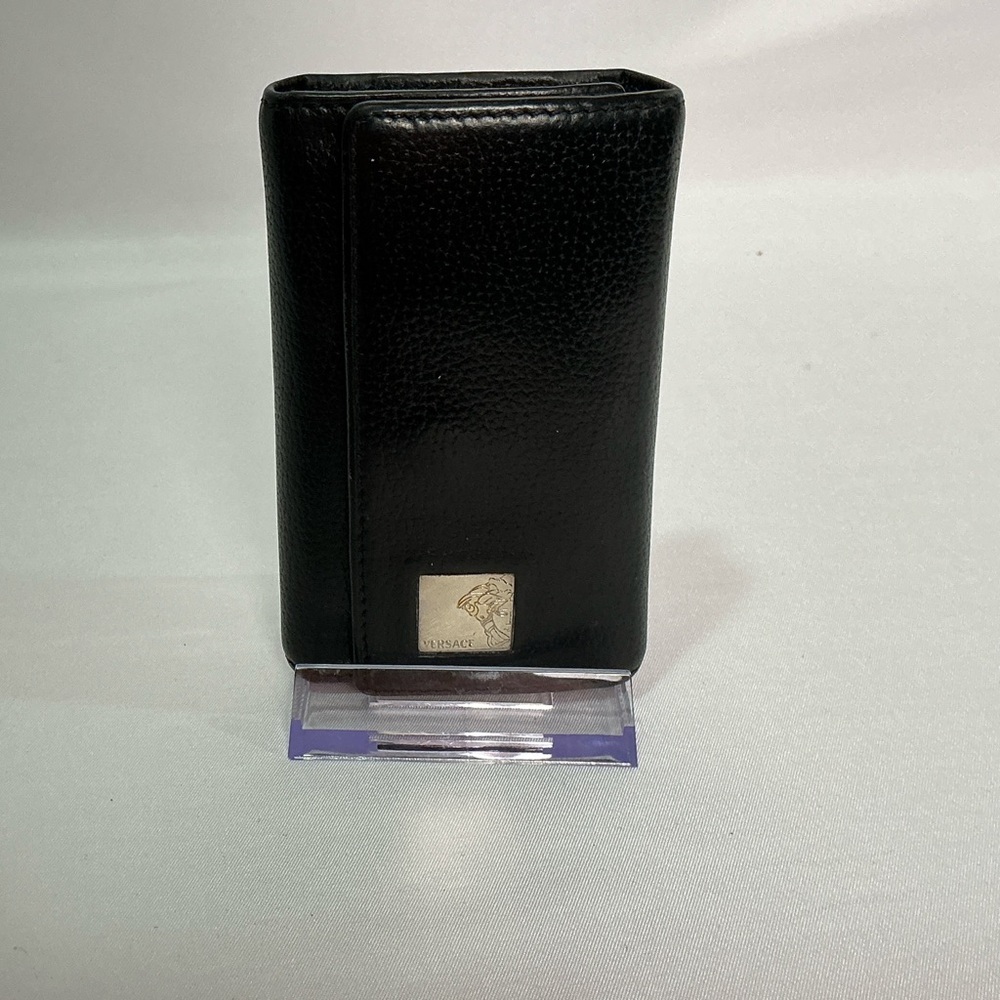 Authentic Versace Black Leather Key Case Holder, Card Holder Silver Tone Medusa